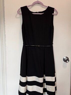 Calvin Klein Black Fit & Flare Dress • Size 10 • Belted Waist